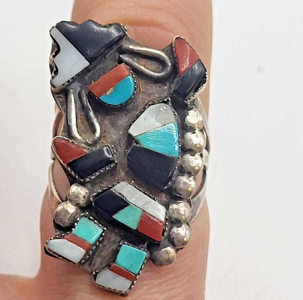 Old Pawn RAINBOW MAN INLAY Sterling Silver RING size 7 Vintage Zuni 1960s